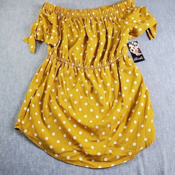 Hint Of Blush Dress Womens Large Yellow Polka Dot Tie Off Shoulder - Picture 1 of 10